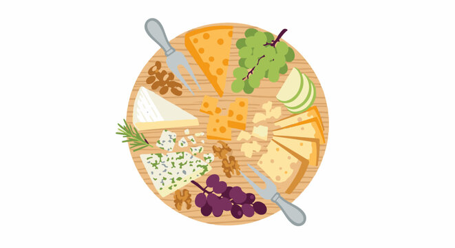 A round wooden board displays a variety of cheeses, grapes, apples, nuts, and a sprig of rosemary