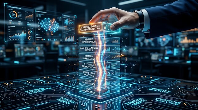 Corporate manager interacting with AI pricing engine hologram showing demand forecasting machine learning models and strategic revenue optimization