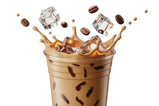 Iced coffee in a clear plastic cup with splashing liquid, floating ice cubes, and roasted coffee beans isolated on a black background