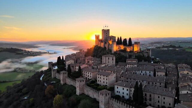 Aerial view of a medieval hilltop castle and fortified stone village at sunrise with morning mist rolling through the valley