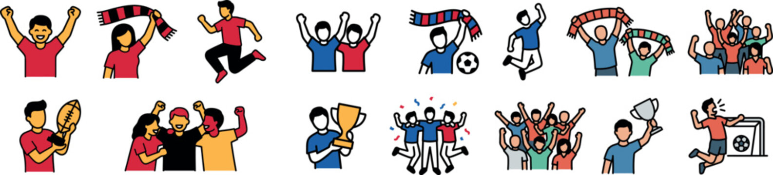 Diverse football fans cheering and celebrating victory set. Soccer tournament supporters with scarves and trophy flat outline illustration.