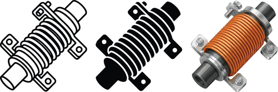 Set of electrical inductor components in outline solid and realistic styles ideal for electronics diagrams engineering illustrations and educational materials