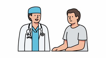 Fototapeta premium A doctor in scrubs and a lab coat with a stethoscope stands next to a man in a t-shirt