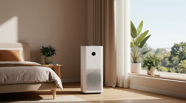 Modern white air purifier operates in beige bedroom with plants near window. Clean air device sits by bed and wooden table. Freshness for healthy home living.