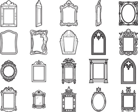 An eclectic collection of antique picture frames, showcasing ornate vintage designs and varied styles. From baroque to gothic.