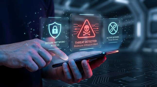 User tapping smartphone screen interacting with holographic cybersecurity app displaying malware intrusion alert and active threat blocking