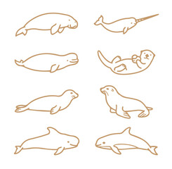 Set of brown outline featuring various marine mammals including a manatee, narwhal, beluga, otter, seal, and different dolphin species © come