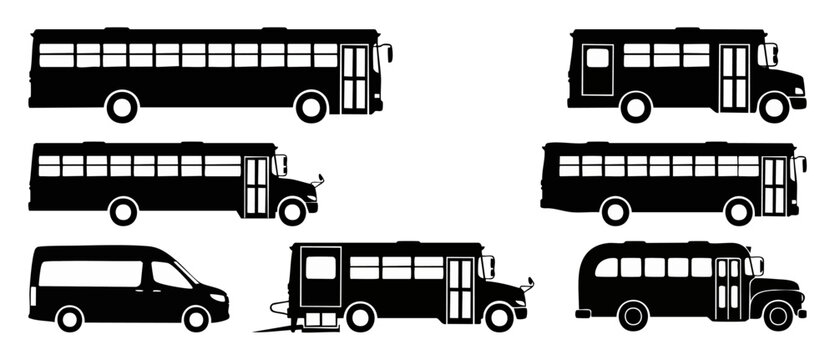 School bus silhouette vector set showing various transport vehicles and transit passenger van icons for graphic design elements isolated on white background, featuring modern and vintage styles.