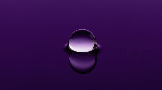 Single clear water droplet sits on a dark purple surface. The drop reflects light creating a subtle gradient. Tiny water beads are scattered around the main drop.