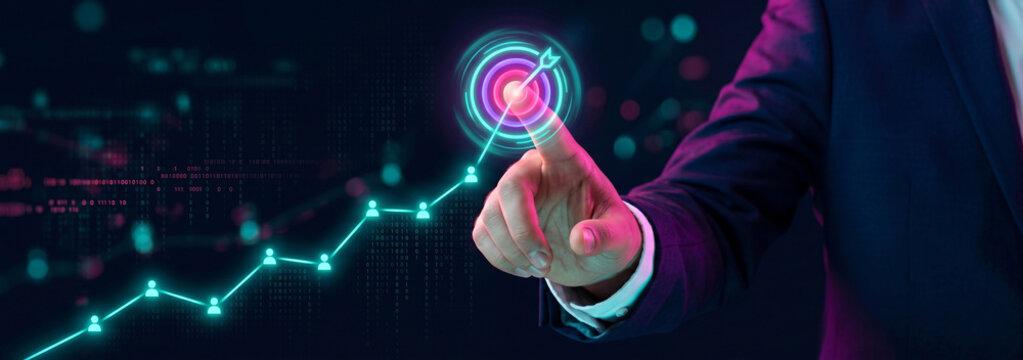 Target with glowing rings being touched by a hand digital illustration