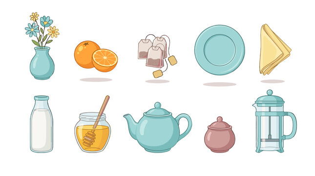 Tea time set with flowers, citrus, teapot and tableware icons
