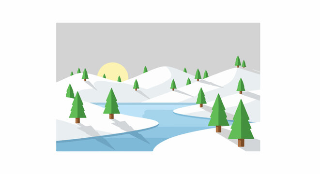 A serene winter landscape with snow-capped hills, a winding blue river, and evergreen trees under a pale sun