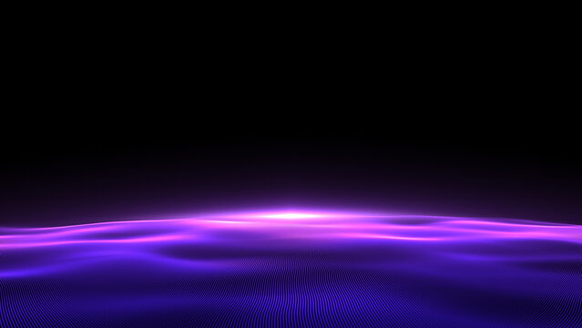 Futuristic dark digital landscape made from luminous lines soft plasma light. Glow purple neon horizon waves dark background.
