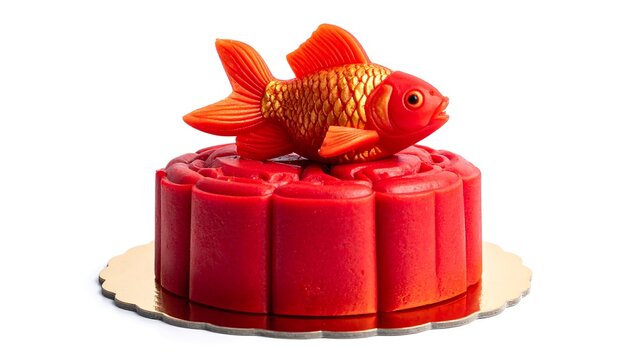 A vibrant, sculpted dessert featuring a fish atop a segmented cake on a golden platter. The colors are rich red and gold