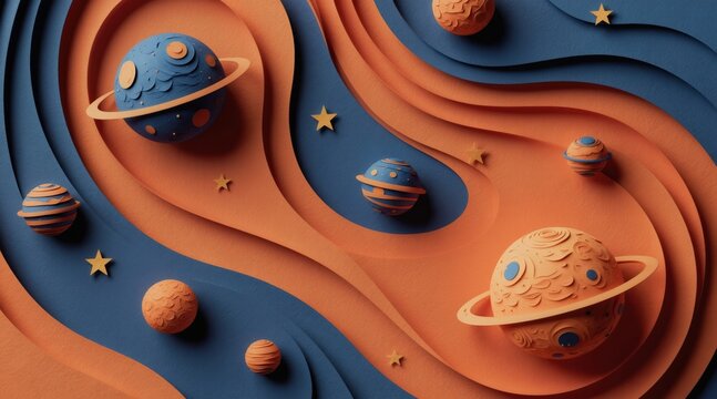 Abstract paper planets and stars float in a swirling blue and orange cosmic background. This 3D illustration uses layered paper art style for a modern, clean, and stylized outer space scene.