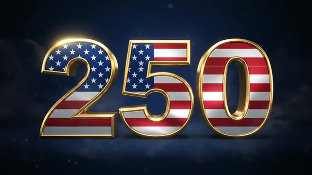 Celebratory 250th Anniversary with patriotic number animations featuring American flag-inspired designs and glowing effects