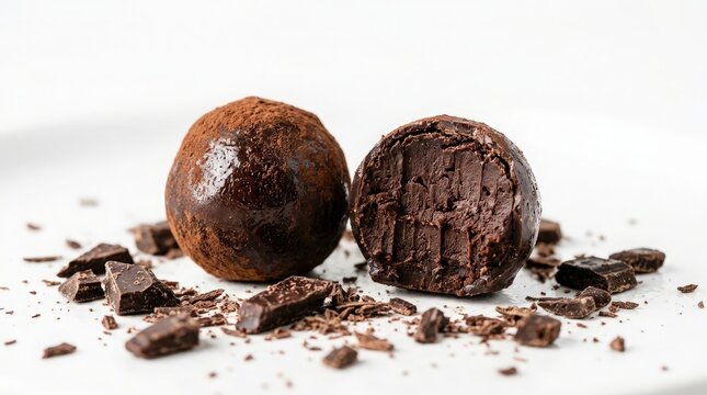 Decadent chocolate truffles with cocoa powder and dark chocolate pieces on white surface