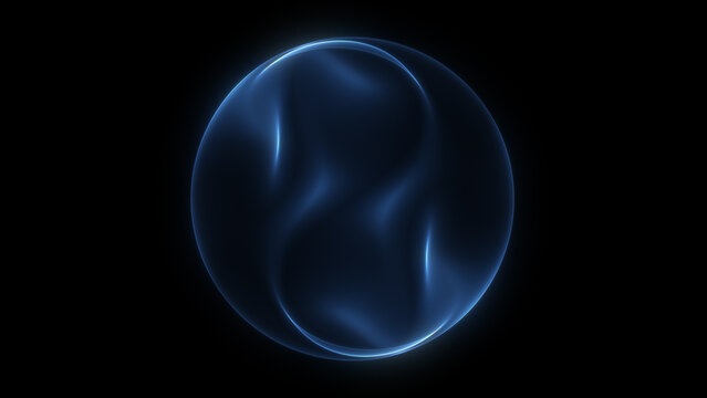 Minimal blue transparent glass sphere on isolated black background. Clean abstract technology sphere design with subtle glow. Transparent liquid sphere blue sheen and glow outside. Soft wave flow