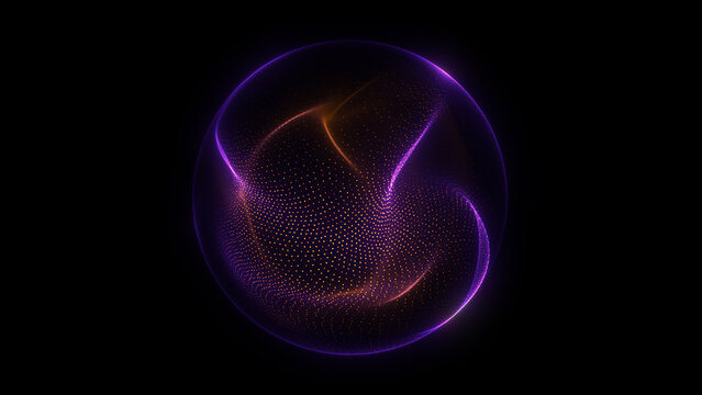 Subtle soft glow вigital violet sphere dots waves. Soft purple particles and smoke 3d sphere. Graphic transparent liquid sphere. Purple orb particles isolated black background.