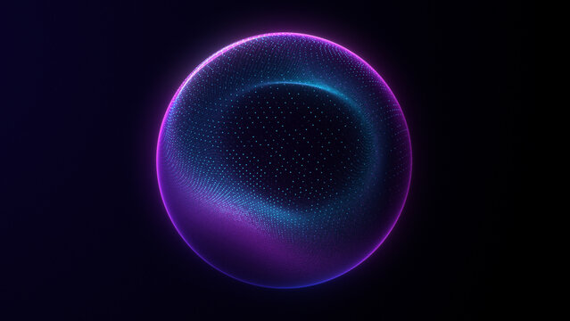 Blue sphere for website. Abstract odern transparent liquid sphere fluorescent glow. Graphic neon mesh sphere dots. Blue and pink liquid 3D sphere dark background.