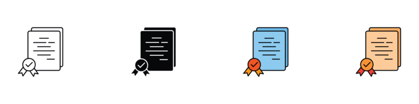 Official Certificate and Approved Document Icons Set. Vector Illustration of Flat Outline and Filled Color Quality Diploma, License Agreement, Verified Badge Medal, and Business Template.