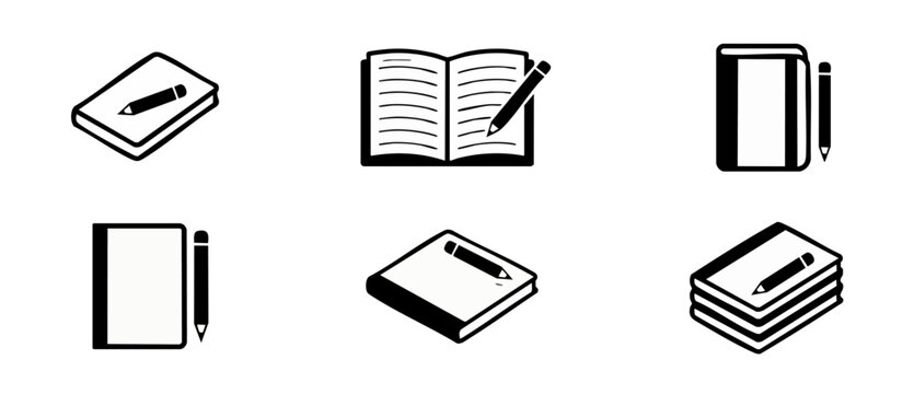 Notebook pencil icon set vector art illustration showing diaries journals and office stationery tools in black and white minimalist style for digital mobile user interface app and web design projects.