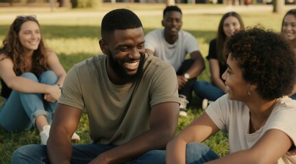 Fototapeta premium Diverse group of young friends relaxing together on green grass in park. People laugh and talk, enjoying sunny day outdoors. Casual conversation among multiracial students in casual wear.