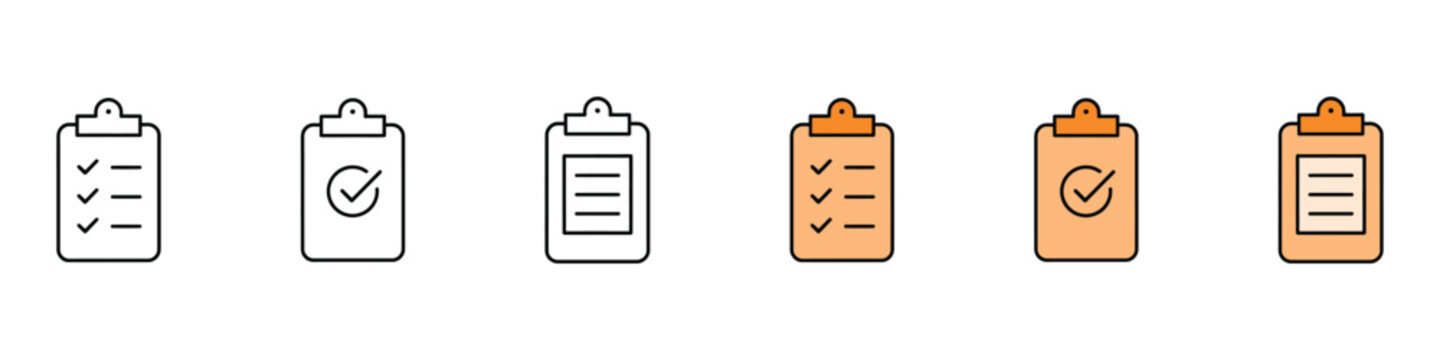Clipboard Checklist and Task Management Icons Set. Vector Illustration of Flat Outline and Filled Color Project Survey, Document To Do List, Approved Tick Mark, and Business Template.