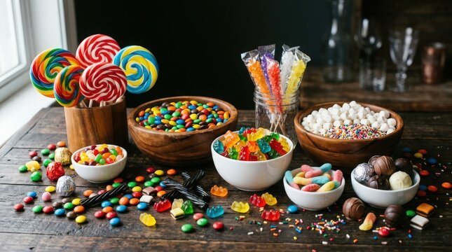 Assorted colorful candies and sweets displayed on a rustic wooden table perfect for celebrations