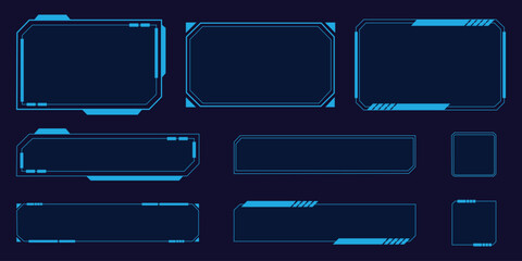 Futuristic HUD Frame and Sci-Fi UI Borders Set. Vector Illustration of Abstract Blue Cyberpunk Screen Interface, Tech Digital Dashboard Element, Gaming Panel, and Geometry Banner Template. © VisionaryFrames