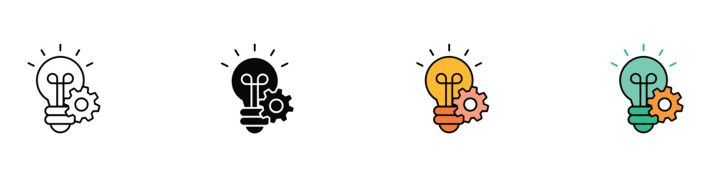 Creative Idea and Innovation Gear Icons Set. Vector Illustration of Flat Outline and Filled Color Engineering Light Bulb, Brainstorming Mechanism, Solution, and Business Template.