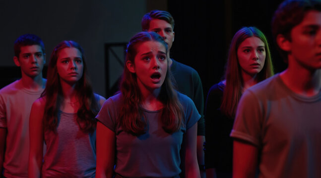 Teenage actors practice lines on a dimly lit stage. Young performers with serious expressions engage in a theatre rehearsal. People on set ready for performance or play.