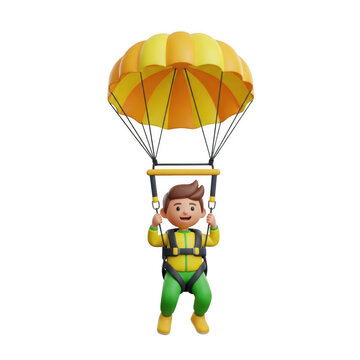 Cartoon man in green jumpsuit holding parachute isolated on white background
