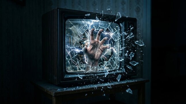 Zombie hand reaching out from broken vintage television screen with static noise in a dark, abandoned room, concept of horror, addiction, or media influence.