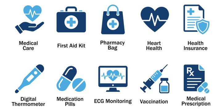 Medical Healthcare and Hospital Service Solid Icons. Vector Illustration of Flat Blue First Aid Kit, Heart Health, Insurance, Thermometer, Vaccination, and Prescription Technology.