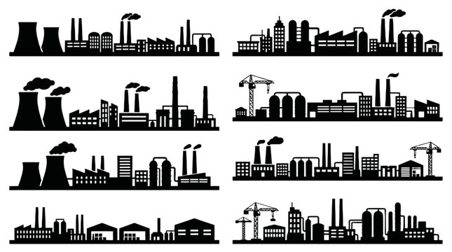 Set of industrial factory skyline silhouettes in black