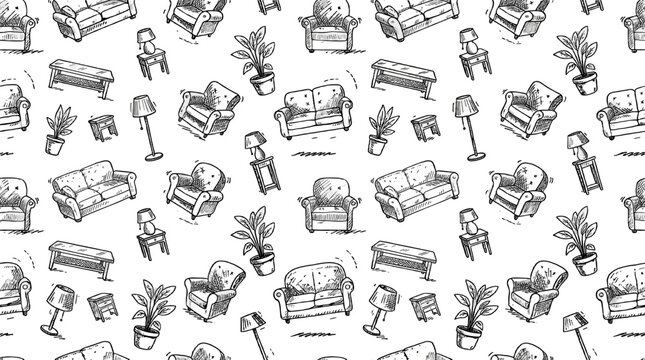 Hand drawn living room furniture seamless pattern background