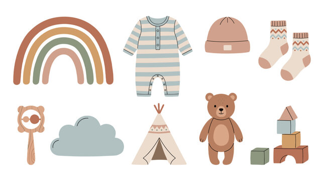 Cute baby nursery elements set with rainbow teddy bear and clothes