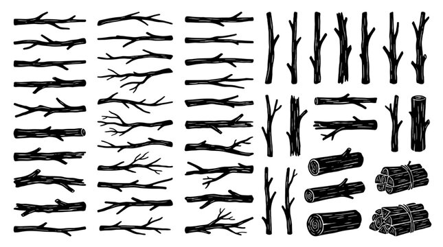 Hand drawn tree branches logs and trunks sketch set