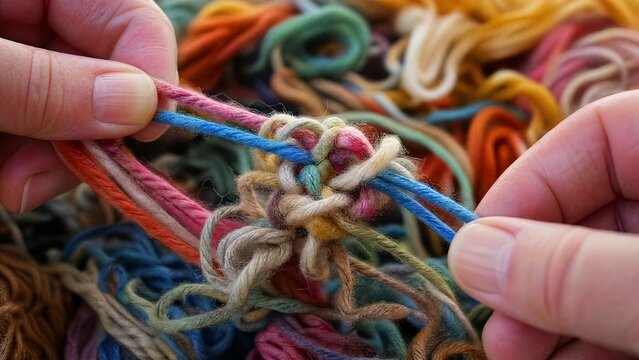 Close-up of colorful yarn being untangled from a complex knot.
