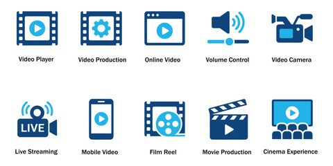 Video production solid icons and multimedia live streaming glyph elements. Vector illustration of flat blue corporate movie camera film reel clapperboard representing cinema player template. © VisionaryFrames