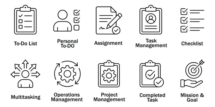 Task Management and To-Do List Icons. Vector Illustration of Outline Line Art Personal To-DO, Assignment, Project Management, Completed Task, and Mission Goal Template.