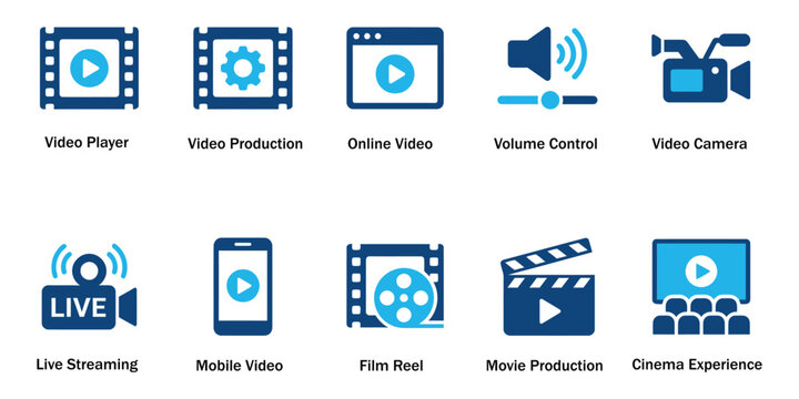Video production solid icons and multimedia live streaming glyph elements. Vector illustration of flat blue corporate movie camera film reel clapperboard representing cinema player template.