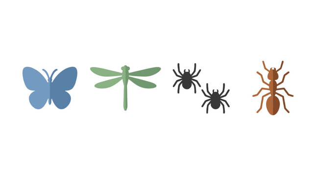 Flat insect icon set with butterfly dragonfly spiders and ant