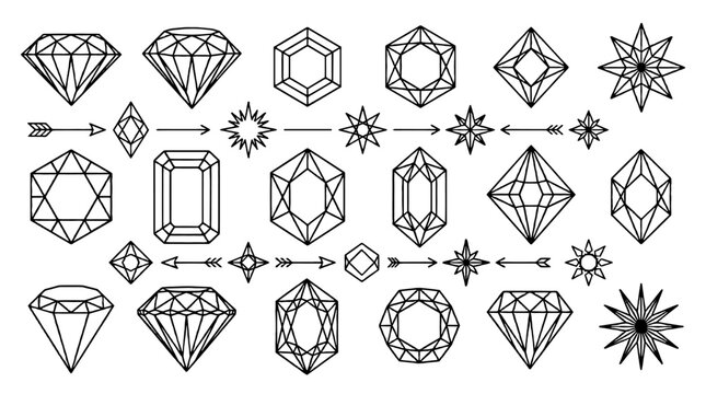 Set of geometric diamond, gem, star and arrow outline icons