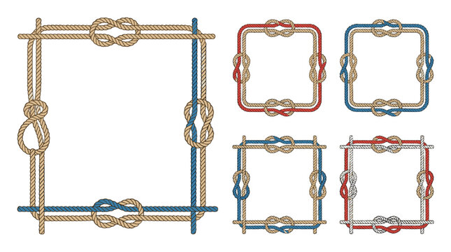 Set of rope frame borders with nautical knots in vector style