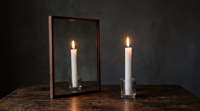 candle reflection art, a solitary white candle stands tall, mirrored perfectly in a sleek surface