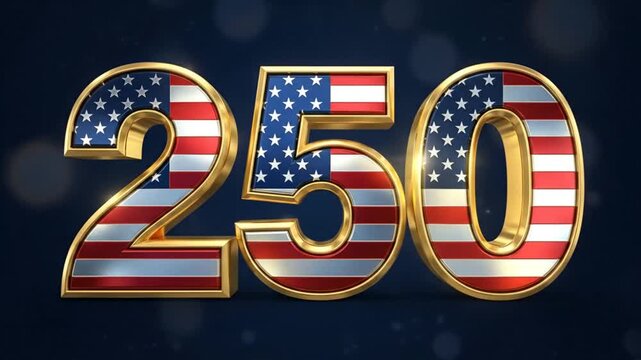 Celebratory display of the number 250 with American flag pattern in gold outline for patriotic theme