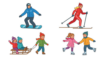 Fototapeta premium Winter sports and outdoor activities cartoon character set
