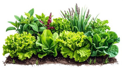 Obraz premium A vibrant illustration showcasing various leafy green vegetables and herbs growing in rich, dark soil, ready for harvest